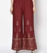 Rayon block print flared slip-on palazzo,maroon,(s,m,l,xl,2xl,3xl)