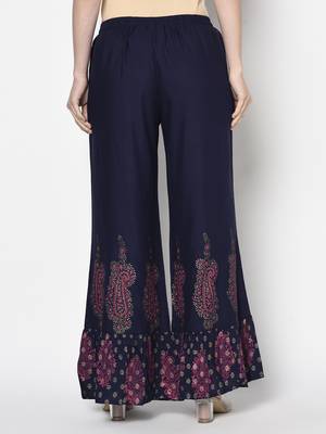Rayon block print flared slip-on palazzo,navy blue,(s,m,l,xl,2xl,3xl) 4