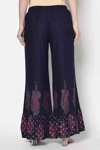 Rayon block print flared slip-on palazzo,navy blue,(s,m,l,xl,2xl,3xl)