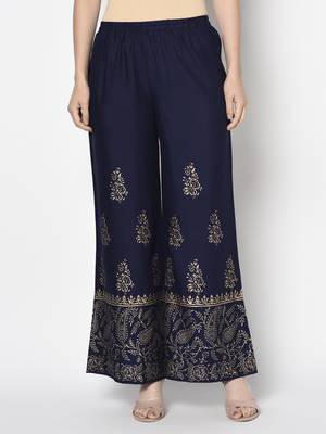 Rayon block print flared slip-on palazzo,navy blue,(s,m,l,xl,2xl,3xl) 1