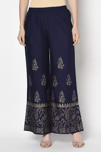 Rayon block print flared slip-on palazzo,navy blue,(s,m,l,xl,2xl,3xl)