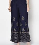 Rayon block print flared slip-on palazzo,navy blue,(s,m,l,xl,2xl,3xl)