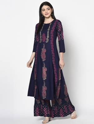 Rayon block print flared slip-on palazzo,navy blue,(s,m,l,xl,2xl,3xl) 5
