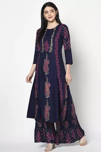 Rayon block print flared slip-on palazzo,navy blue,(s,m,l,xl,2xl,3xl)