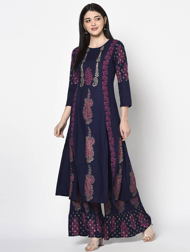 Rayon block print flared slip-on palazzo,navy blue,(s,m,l,xl,2xl,3xl)