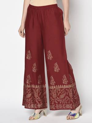 Rayon block print flared slip-on palazzo,maroon,(s,m,l,xl,2xl,3xl) 2