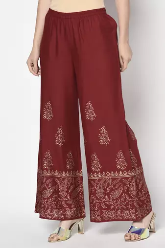 Rayon block print flared slip-on palazzo,maroon,(s,m,l,xl,2xl,3xl)