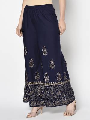 Rayon block print flared slip-on palazzo,navy blue,(s,m,l,xl,2xl,3xl) 2