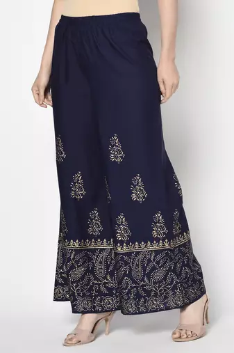 Rayon block print flared slip-on palazzo,navy blue,(s,m,l,xl,2xl,3xl)