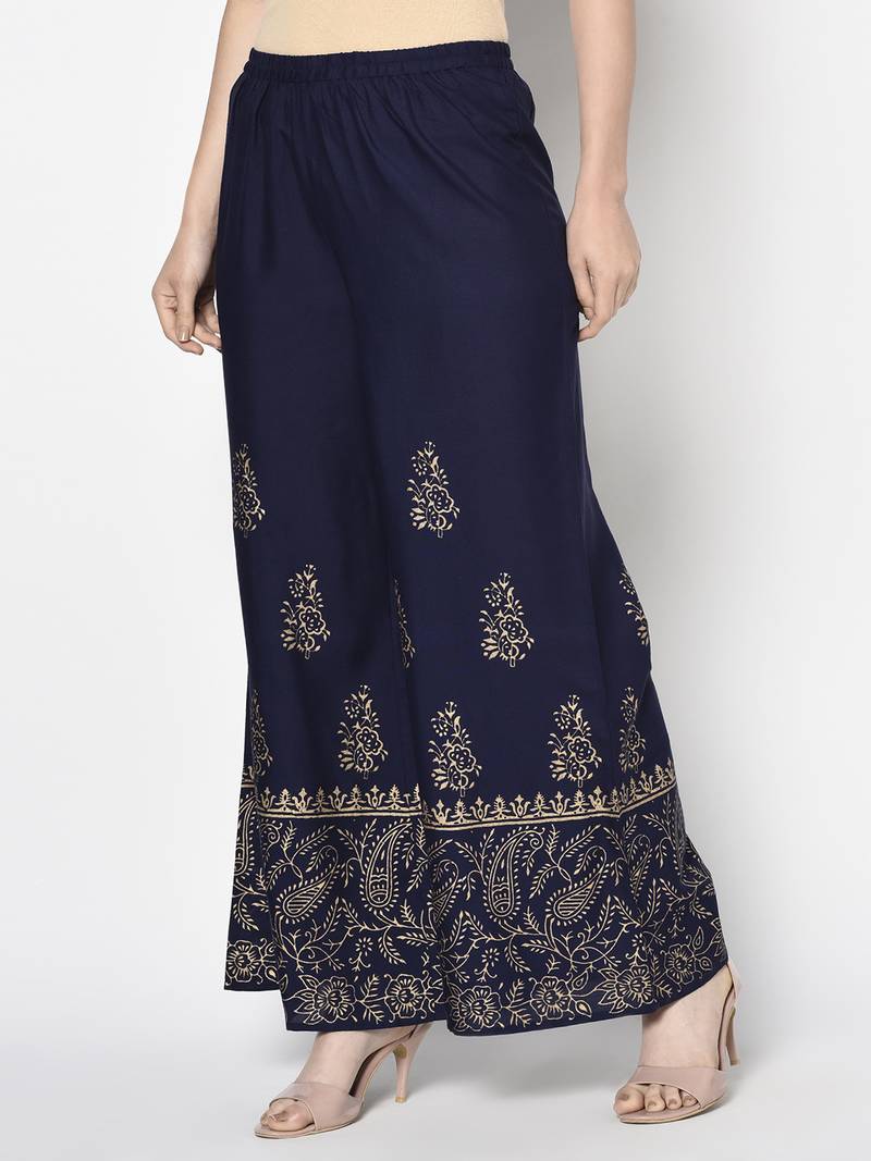 Rayon block print flared slip-on palazzo,navy blue,(s,m,l,xl,2xl,3xl)