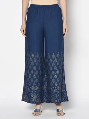 Rayon gold print flared slip-on palazzo,blue,(s,m,l,xl,2xl,3xl) 1
