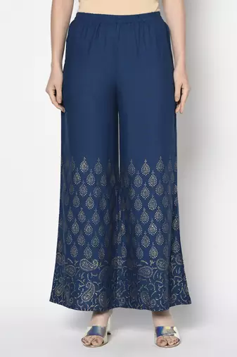 Rayon gold print flared slip-on palazzo,blue,(s,m,l,xl,2xl,3xl)