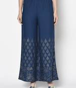 Rayon gold print flared slip-on palazzo,blue,(s,m,l,xl,2xl,3xl)
