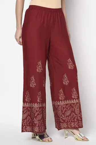 Rayon block print flared slip-on palazzo,maroon,(s,m,l,xl,2xl,3xl)