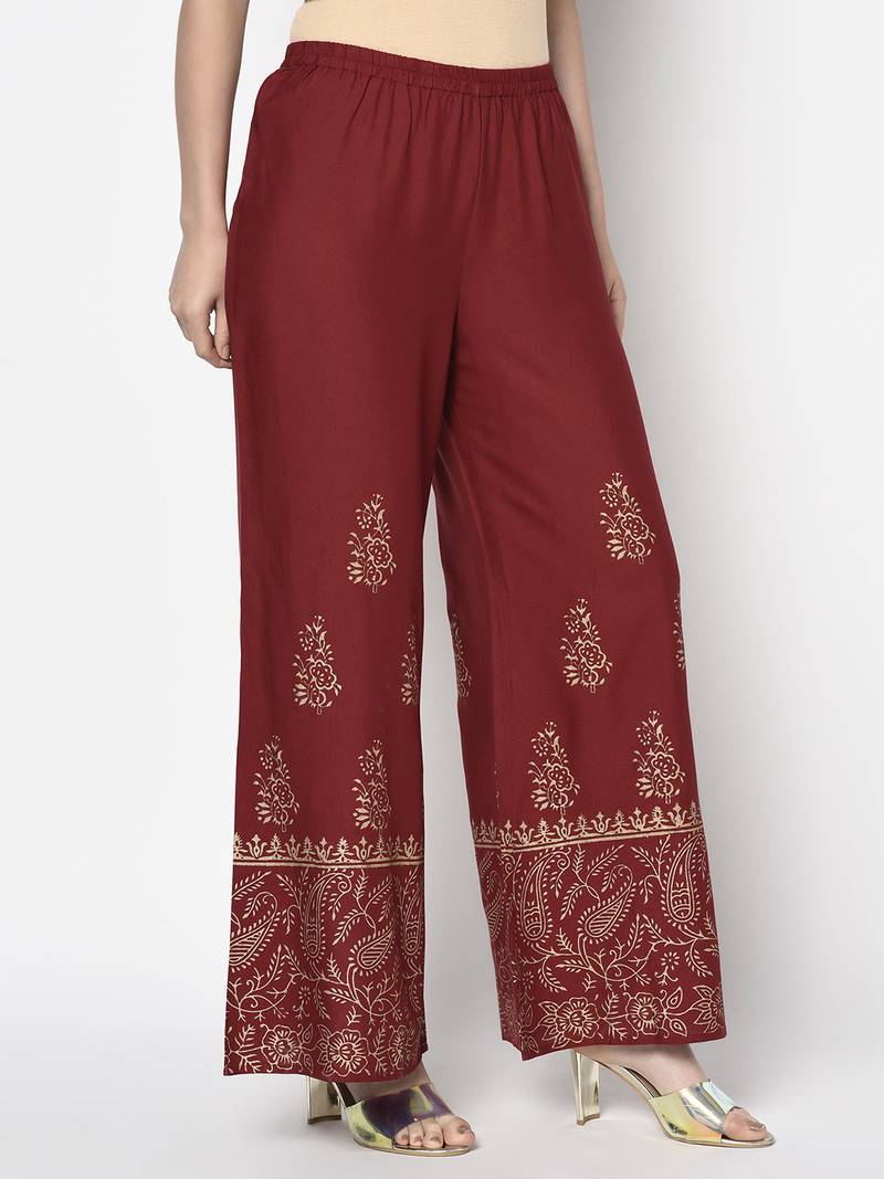 Rayon block print flared slip-on palazzo,maroon,(s,m,l,xl,2xl,3xl)