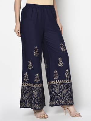 Rayon block print flared slip-on palazzo,navy blue,(s,m,l,xl,2xl,3xl) 3