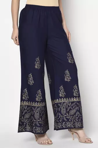 Rayon block print flared slip-on palazzo,navy blue,(s,m,l,xl,2xl,3xl)