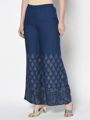 Rayon gold print flared slip-on palazzo,blue,(s,m,l,xl,2xl,3xl) 2