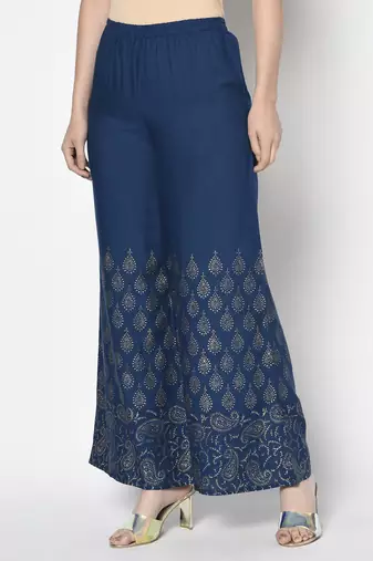 Rayon gold print flared slip-on palazzo,blue,(s,m,l,xl,2xl,3xl)