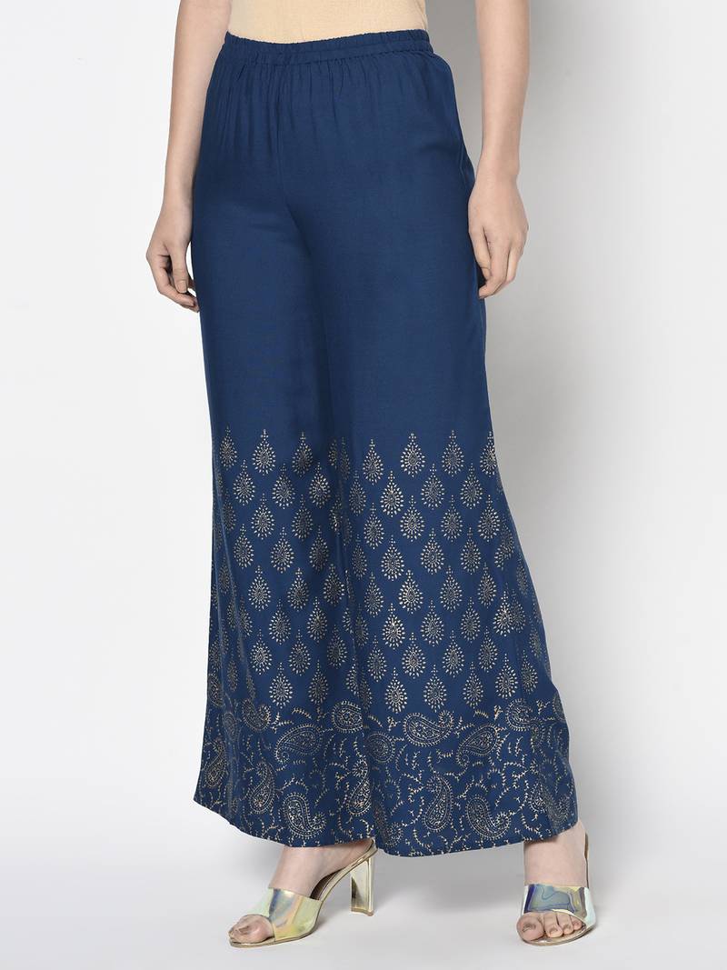 Rayon gold print flared slip-on palazzo,blue,(s,m,l,xl,2xl,3xl)