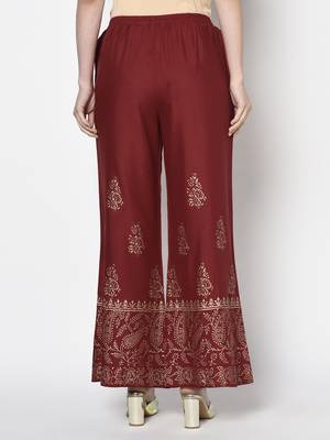 Rayon block print flared slip-on palazzo,maroon,(s,m,l,xl,2xl,3xl) 4
