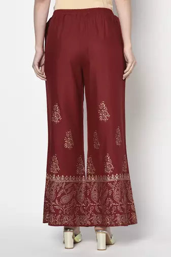 Rayon block print flared slip-on palazzo,maroon,(s,m,l,xl,2xl,3xl)