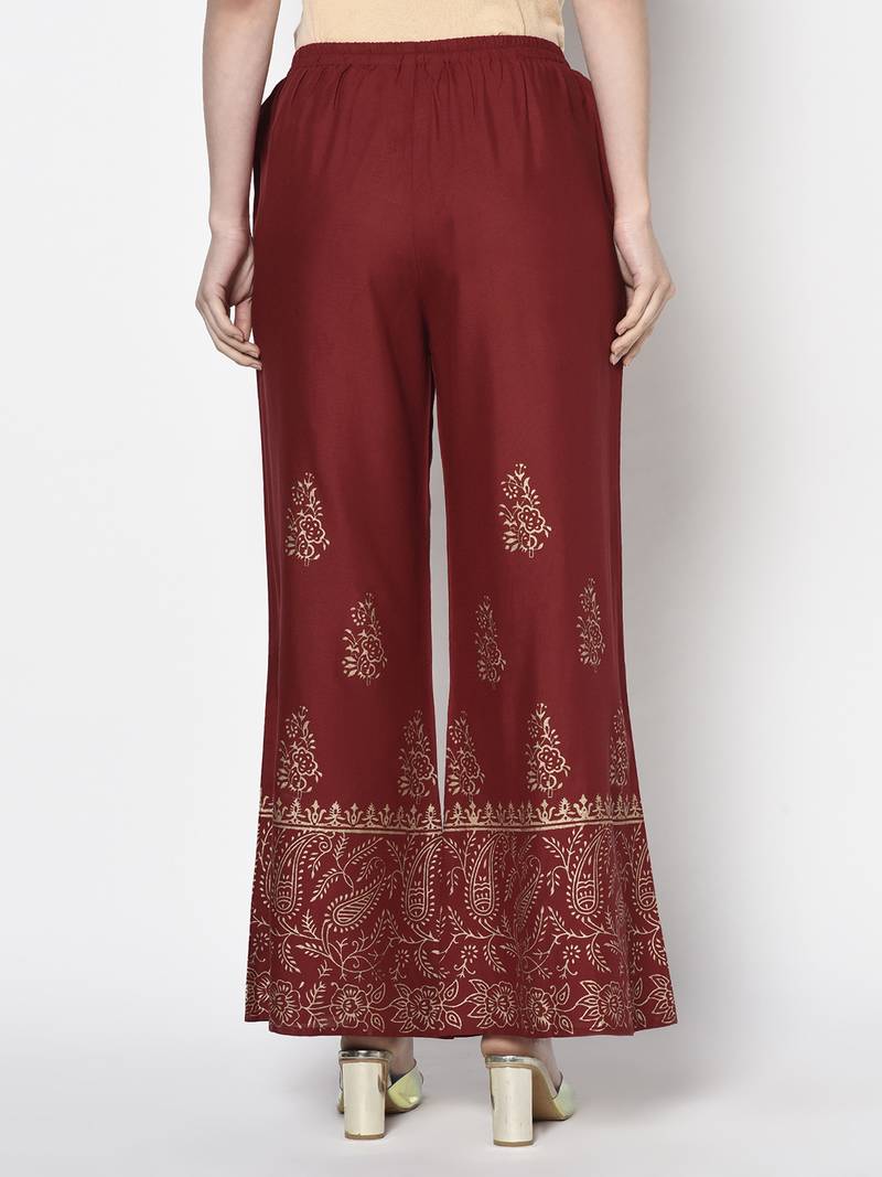 Rayon block print flared slip-on palazzo,maroon,(s,m,l,xl,2xl,3xl)