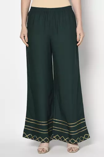 Rayon flared slip-on palazzo,bottle green,(s,m,l,xl,2xl,3xl)