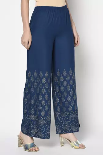 Rayon gold print flared slip-on palazzo,blue,(s,m,l,xl,2xl,3xl)