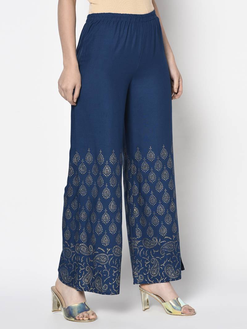Rayon gold print flared slip-on palazzo,blue,(s,m,l,xl,2xl,3xl)