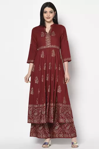 Rayon block print flared slip-on palazzo,maroon,(s,m,l,xl,2xl,3xl)