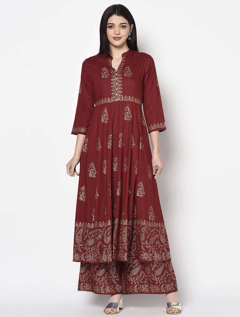Rayon block print flared slip-on palazzo,maroon,(s,m,l,xl,2xl,3xl)