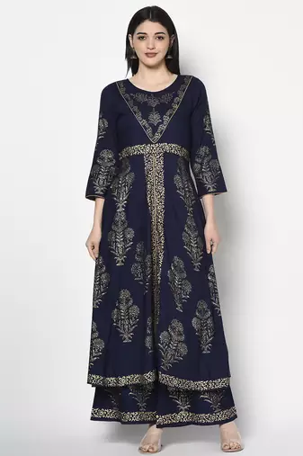 Rayon foil print anarkali palazzo set,navy blue,(s,m,l,xl,2xl,3xl)