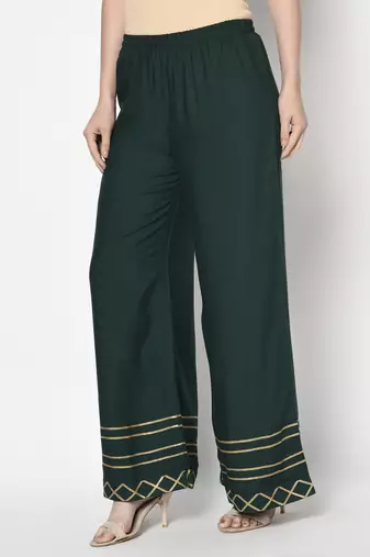 Rayon flared slip-on palazzo,bottle green,(s,m,l,xl,2xl,3xl)