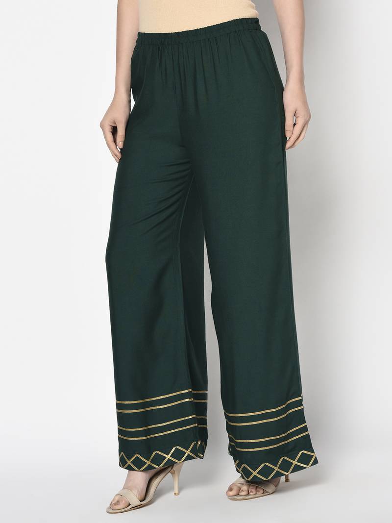 Rayon flared slip-on palazzo,bottle green,(s,m,l,xl,2xl,3xl)