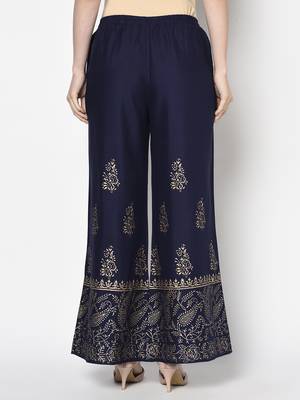 Rayon block print flared slip-on palazzo,navy blue,(s,m,l,xl,2xl,3xl) 4
