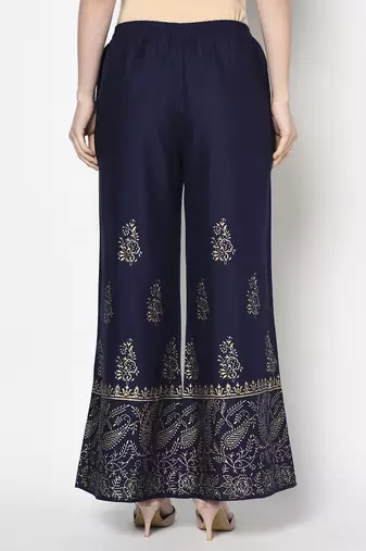 Rayon block print flared slip-on palazzo,navy blue,(s,m,l,xl,2xl,3xl)