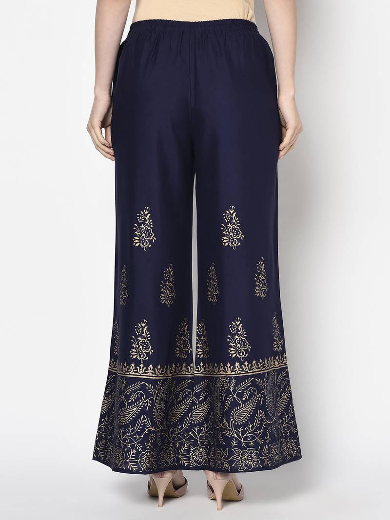 Rayon block print flared slip-on palazzo,navy blue,(s,m,l,xl,2xl,3xl)