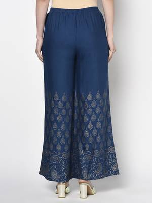 Rayon gold print flared slip-on palazzo,blue,(s,m,l,xl,2xl,3xl) 4