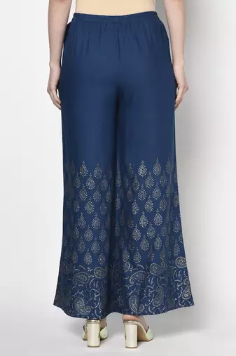 Rayon gold print flared slip-on palazzo,blue,(s,m,l,xl,2xl,3xl)