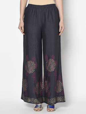 Rayon block print flared slip-on palazzo,dark grey,(s,m,l,xl,2xl,3xl) 1