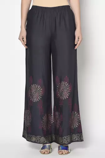 Rayon block print flared slip-on palazzo,dark grey,(s,m,l,xl,2xl,3xl)