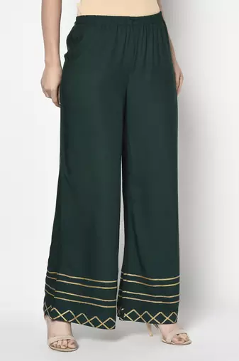 Rayon flared slip-on palazzo,bottle green,(s,m,l,xl,2xl,3xl)