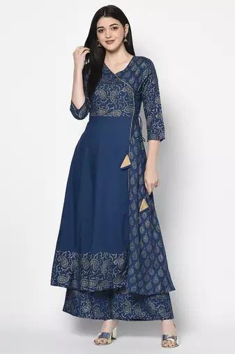Rayon gold print flared slip-on palazzo,blue,(s,m,l,xl,2xl,3xl)