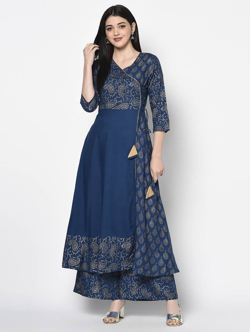 Rayon gold print flared slip-on palazzo,blue,(s,m,l,xl,2xl,3xl)