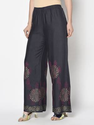 Rayon block print flared slip-on palazzo,dark grey,(s,m,l,xl,2xl,3xl) 2