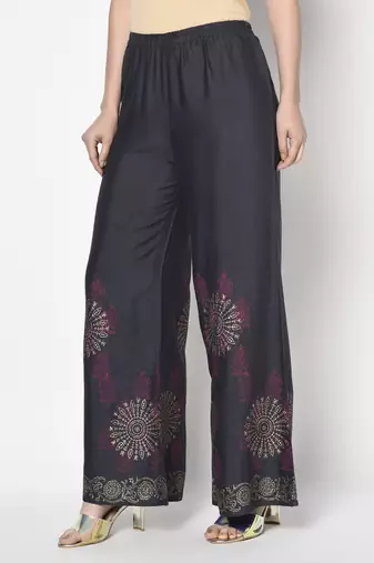 Rayon block print flared slip-on palazzo,dark grey,(s,m,l,xl,2xl,3xl)