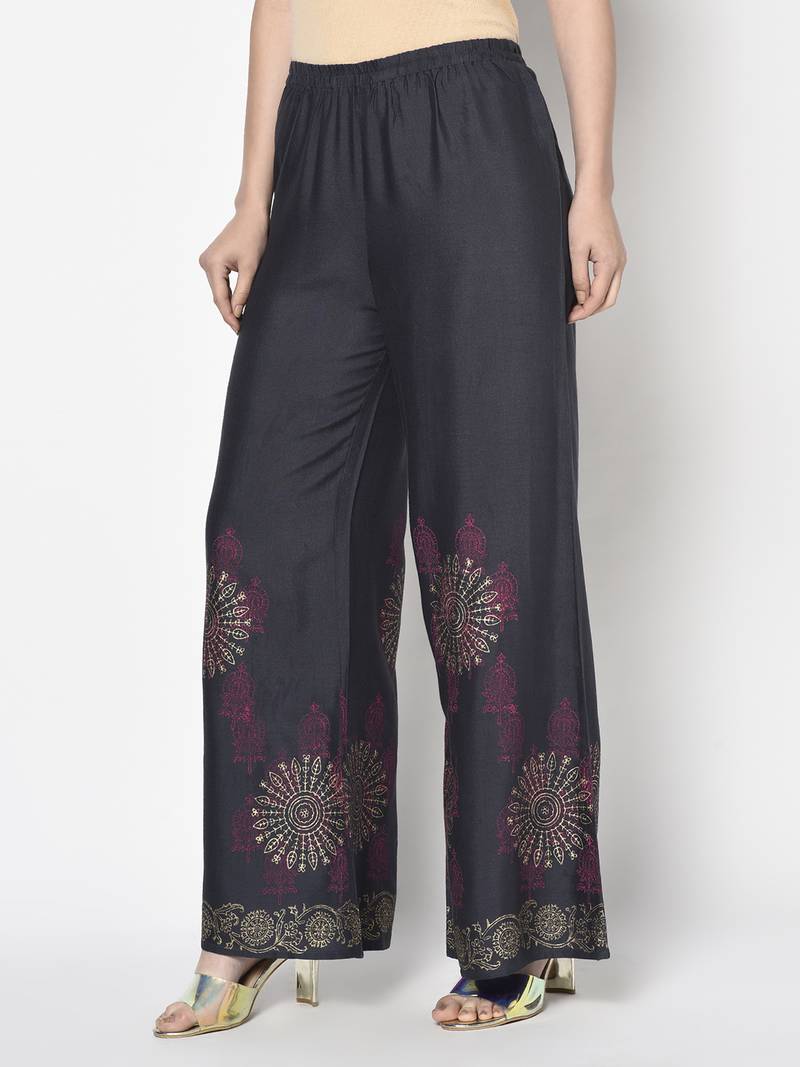 Rayon block print flared slip-on palazzo,dark grey,(s,m,l,xl,2xl,3xl)