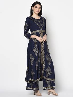 Rayon foil print anarkali palazzo set,navy blue,(s,m,l,xl,2xl,3xl) 2