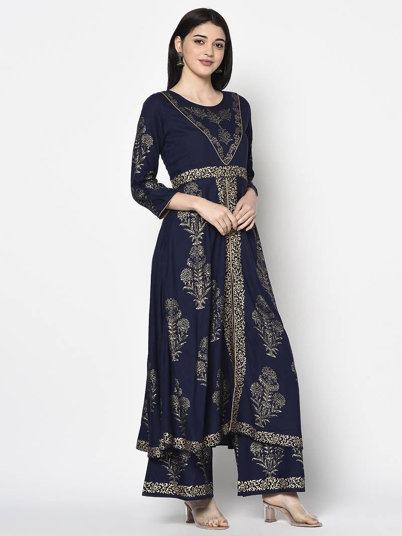 Rayon foil print anarkali palazzo set,navy blue,(s,m,l,xl,2xl,3xl)
